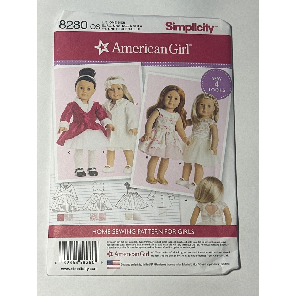 Simplicity 8280 American Girl Doll Clothes Sewing Pattern uncut